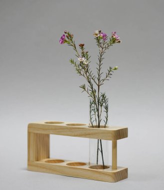 Beyaz zemin üzerinde bir stand bir şişeye çiçek