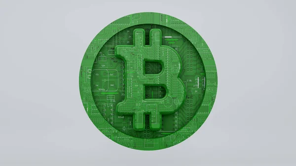 Ψηφιακού bitcoin που αποτελείται από ένα τυπωμένο κύκλωμα του σκάφους 3d καθιστούν — Φωτογραφία Αρχείου