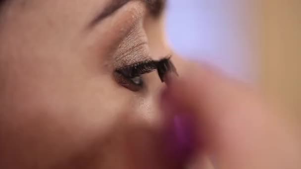 Primer plano del cepillo de maquillaje moviéndose sobre las sombras de los ojos — Vídeos de Stock