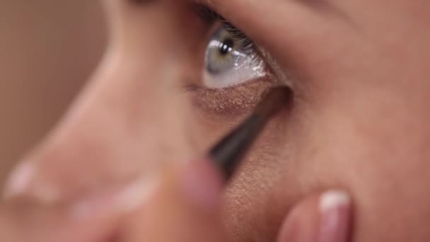 Nahaufnahme des Make-up Pinsels, der sich über Lidschatten bewegt — Stockvideo