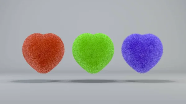 3 corazones peludos de colores sobre un fondo claro. Renderizado 3D —  Fotos de Stock
