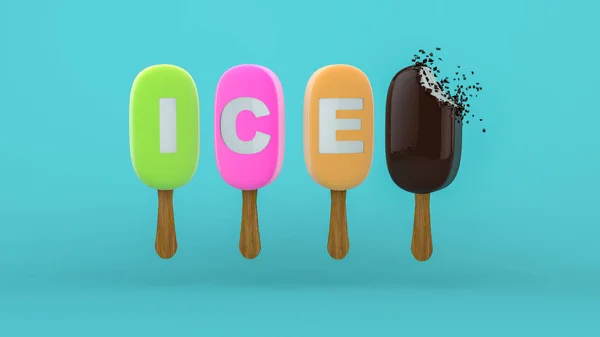 Colorful ice cream with summer letters on a blue background. 3D — Stock Photo, Image