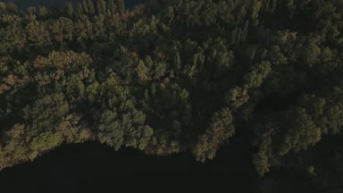 Hava dron görüntüleri, uçan ileri üzerine tenha bir göl yoğun orman tarafından çevrili, evler görülebilir. Gökyüzü ve bulutlar suya yansıyan.