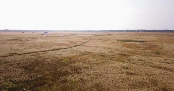 Vue aérienne survolant un champ abandonné avec des routes et des maisons par une journée nuageuse 