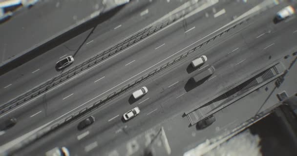 Top View Drone Flying Freeway Cars Sunny Day Black White — Stock Video