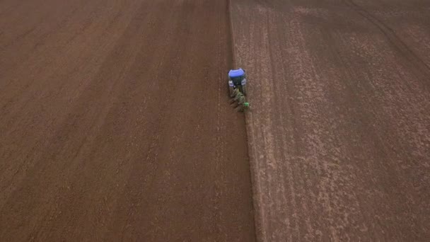 Ovanifrån Blå Traktor Plogning Ett Fält Som Rör Sig Från — Stockvideo