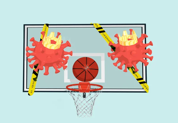 Tavola da basket e virus, nastri di avvertimento. Quarantena annullamento partite giochi rendering 3d — Foto Stock