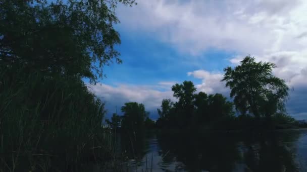 Time Lapse vista del fiume e le nuvole che corrono sopra di esso prima della pioggia, blu scuro e la foresta di fronte — Video Stock