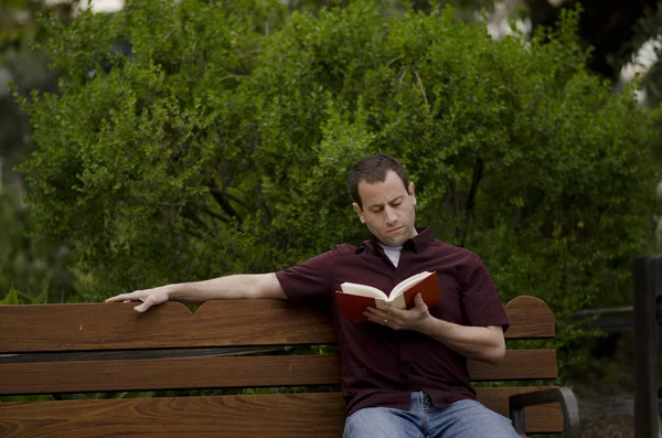 Adam bir kitap okuma bir bankta rahatlatıcı.