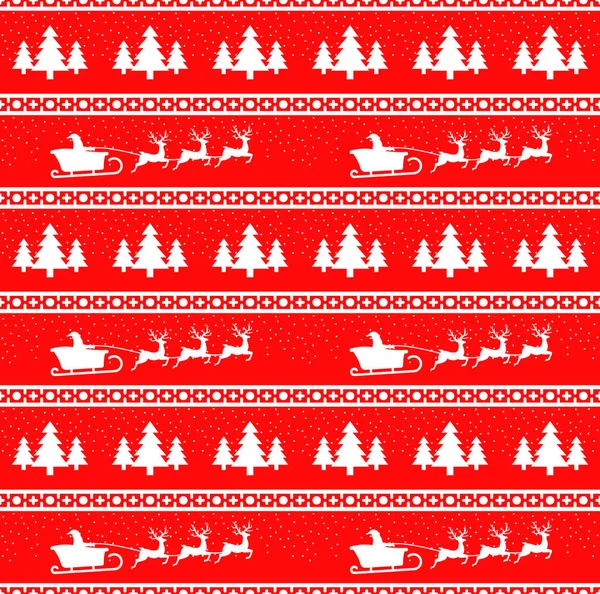 サンタ、トナカイ、トウヒ、雪とクリスマスのシームレス パターンのベクトル イラスト。背景が赤です。セーター、包装紙、パッケージ等のデザインに使用することができます。. — ストックベクタ
