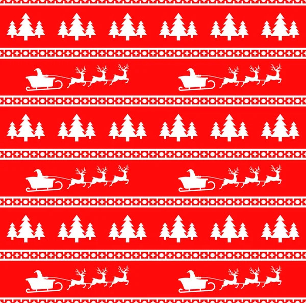 サンタ、トナカイ、トウヒのクリスマス シームレス パターンのベクトル イラスト。背景が赤です。セーター、包装紙、パッケージ等のデザインに使用することができます。. — ストックベクタ