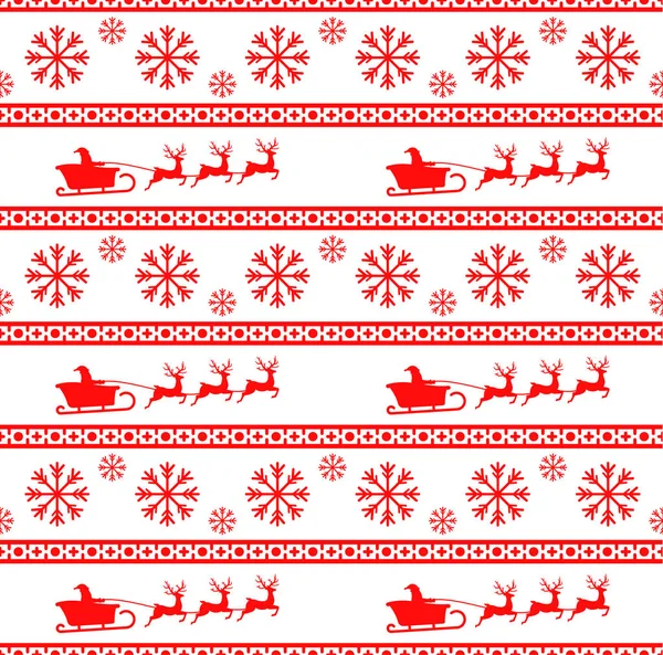 Illustration vectorielle du motif sans couture de Noël avec Père Noël, rennes et flocons de neige. Fond blanc. Il peut être utilisé dans la conception d'un pull, papier d'emballage, emballages, etc. . — Image vectorielle