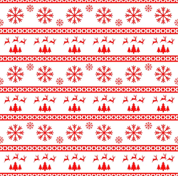 Ilustração vetorial do padrão sem costura de Natal com renas, abetos e flocos de neve. Fundo branco. Pode ser usado no design de uma camisola, papel de embrulho, embalagens, etc. . — Vetor de Stock