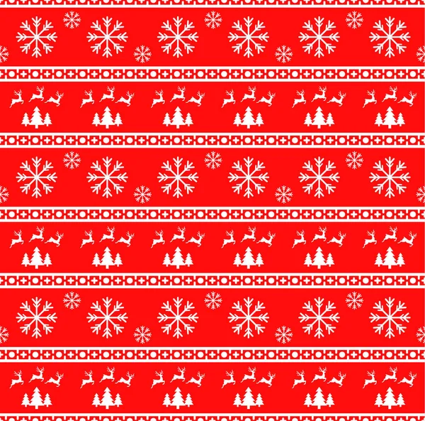 Illustration vectorielle du motif sans couture de Noël avec rennes, épicéas et flocons de neige. Fond rouge. Il peut être utilisé dans la conception d'un pull, papier d'emballage, emballages, etc. . — Image vectorielle