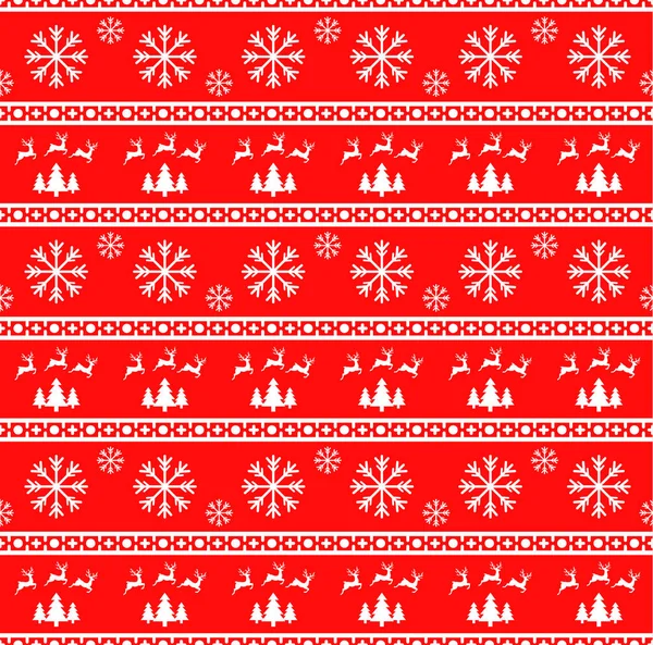 Ilustração vetorial do padrão sem costura de Natal com renas, abetos e flocos de neve. Fundo vermelho. Pode ser usado no design de uma camisola, papel de embrulho, embalagens, etc. . — Vetor de Stock