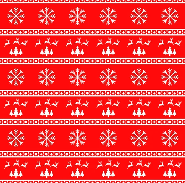 Illustration vectorielle du motif sans couture de Noël avec rennes, épicéas et flocons de neige. Fond rouge. Il peut être utilisé dans la conception d'un pull, papier d'emballage, emballages, etc. . — Image vectorielle