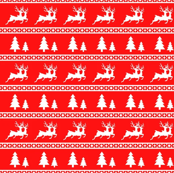 Ren geyiği ve Ladin ile Noel Dikişsiz desen vektör Illustration. Kırmızı arka plan. Ambalaj kağıt, paketler, vb. bir kazak tasarımında kullanılabilir.