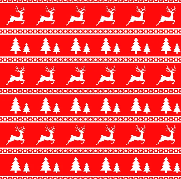 Ren geyiği ve Ladin ile Noel Dikişsiz desen vektör Illustration. Kırmızı arka plan. Ambalaj kağıt, paketler, vb. bir kazak tasarımında kullanılabilir.