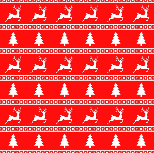 Ren geyiği ve Ladin ile Noel Dikişsiz desen vektör Illustration. Kırmızı arka plan. Ambalaj kağıt, paketler, vb. bir kazak tasarımında kullanılabilir.