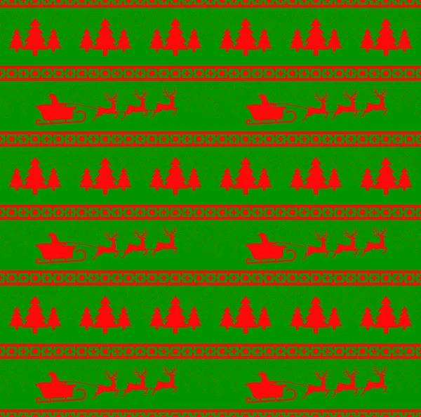 Vektorillustration av jul sömlösa mönster med Santa, granar, renar och snöflingor. Röd bakgrund. Det kan användas i utformningen av en tröja, inslagning papper, paket, etc. — Stock vektor