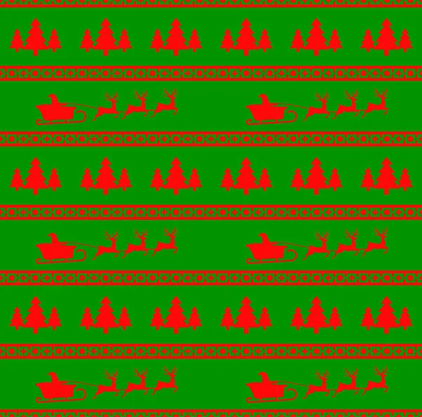 Vektorillustration av jul sömlösa mönster med Santa, renar och granar. Röd bakgrund. Det kan användas i utformningen av en tröja, inslagning papper, paket, etc. — Stock vektor