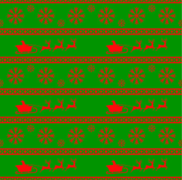 クリスマス サンタ、トナカイと雪の結晶とシームレスなパターンのベクトル イラスト。背景が赤です。セーター、包装紙、パッケージ等のデザインに使用することができます。. — ストックベクタ