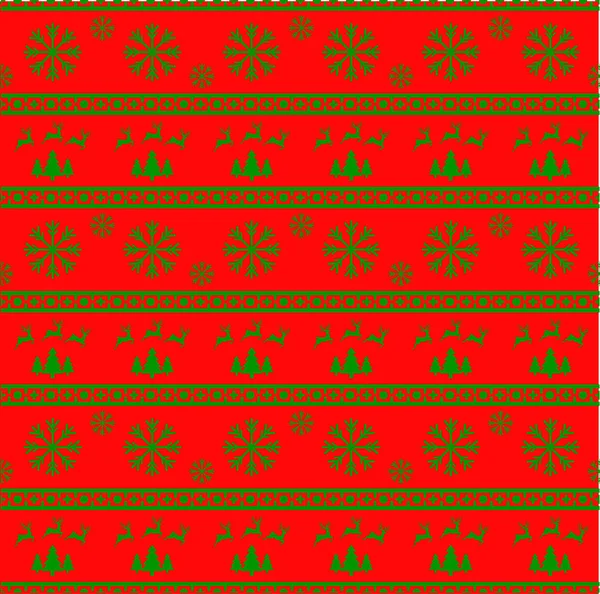 Vector illustration of Christmas seamless pattern with reindeer, spruces and snowflakes. Red background. It can be used in the design of a sweater, wrapping paper, packages, etc. — Stock Vector