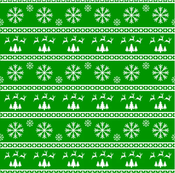 Ilustración vectorial del patrón sin costuras de Navidad con renos, abetos y copos de nieve. Fondo rojo. Se puede utilizar en el diseño de un suéter, papel de embalaje, paquetes, etc. . — Archivo Imágenes Vectoriales