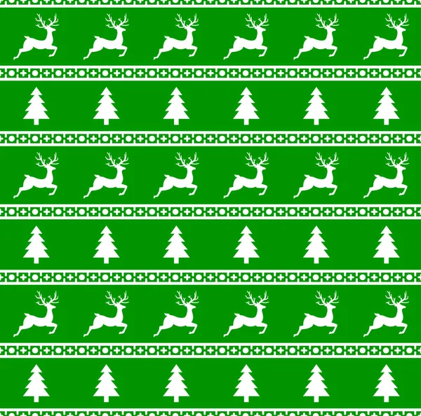 Ilustração vetorial do padrão sem costura de Natal com renas e abetos. Fundo vermelho. Pode ser usado no design de uma camisola, papel de embrulho, embalagens, etc. . — Vetor de Stock