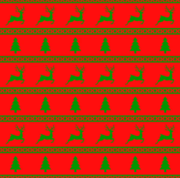 Illustration vectorielle du motif sans couture de Noël avec rennes et épicéas. Fond rouge. Il peut être utilisé dans la conception d'un pull, papier d'emballage, emballages, etc. . — Image vectorielle