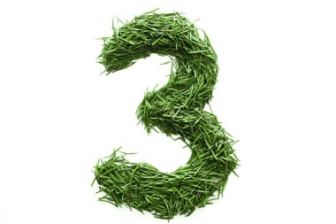 3 numara, beyaz arka planda izole edilmiş yeşil çimenden yapılmıştır.