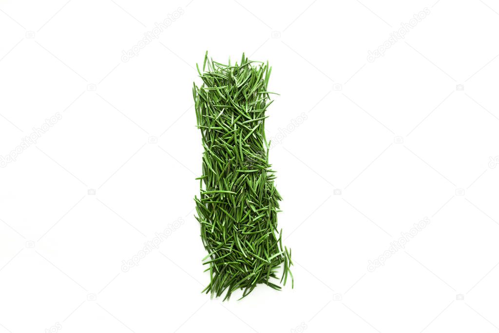 Letter I, alphabet made of green grass. Isolated on white background