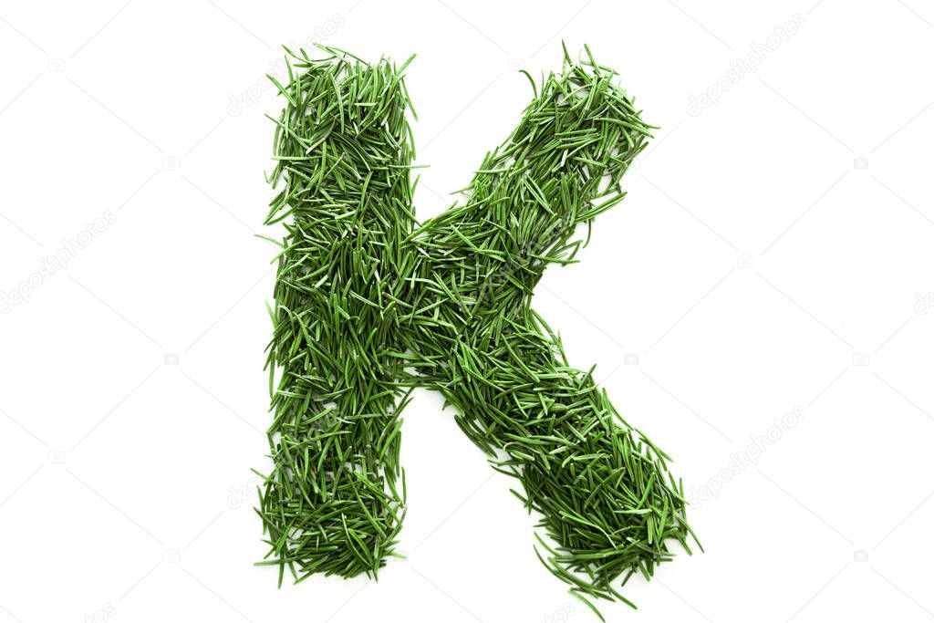 Letter K, alphabet made of green grass. Isolated on white background