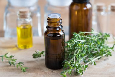 Bir şişe kekik esans dal taze kekik ile