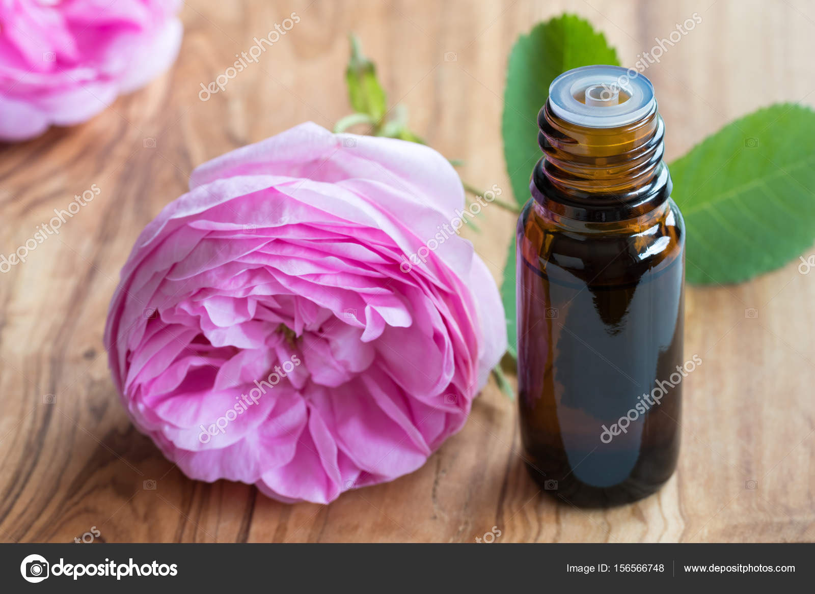 A bottle of essential oil with pink japanese kwanzan cherry