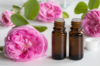 Two bottles of rose essential oil with rose flowers in the background clipart