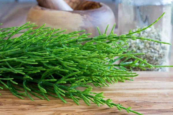 Ferske hestehaleparykker på trebakgrunn – stockfoto