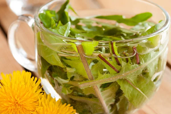 Té de diente de león - agua caliente vertida sobre hojas frescas de diente de león —  Fotos de Stock