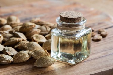 Kayısı çekirdeği yağı ile kayısı çekirdekleri bir şişe