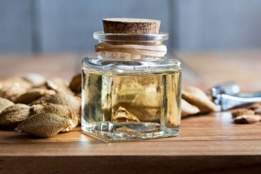 Kayısı çekirdeği yağı ile kayısı çekirdekleri bir şişe