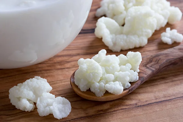 Grani di kefir su un cucchiaio di legno accanto a un barattolo di latte — Foto Stock