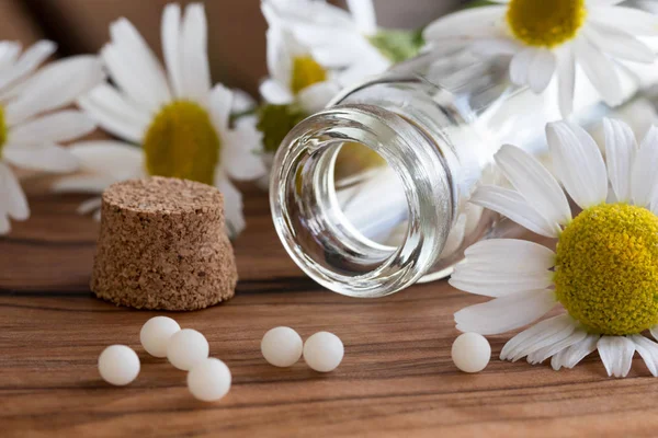 Una botella de glóbulos homeopáticos con flores de manzanilla — Foto de Stock