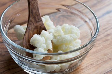 Kefir taneleri bir tahta kaşıkla bir cam kasede