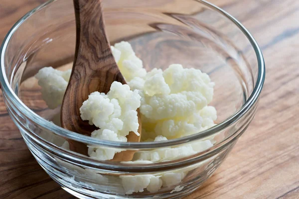 Kefir taneleri bir tahta kaşıkla bir cam kasede