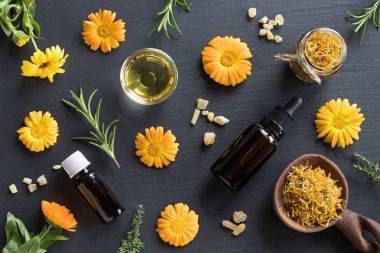 Esansiyel yağlar ve otlar karanlık bir arka plan üzerinde seçim