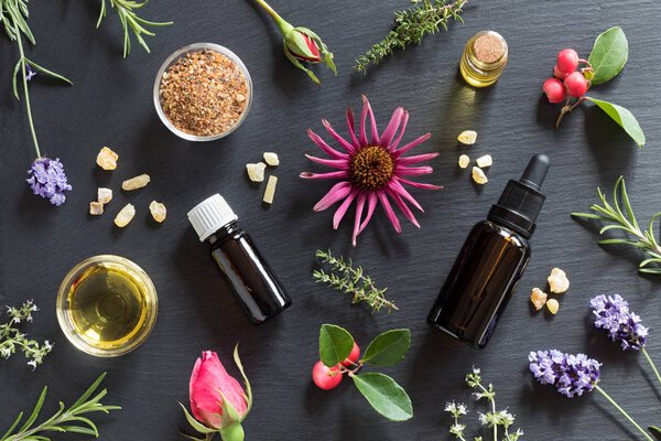 Selection of essential oils and herbs on a dark background