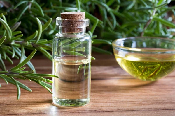 Una botella de aceite esencial de romero con ramitas de romero fresco — Foto de Stock