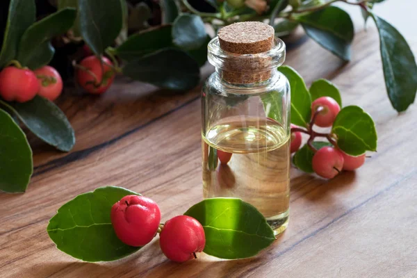 Eine Flasche wintergrünes ätherisches Öl auf einem Holztisch — Stockfoto