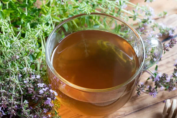 A cup of creeping thyme tea on a wooden table — Stock Photo, Image