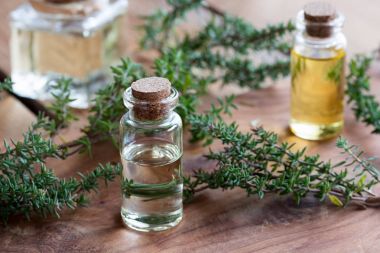 Bir şişe kekik esans dal taze kekik ile